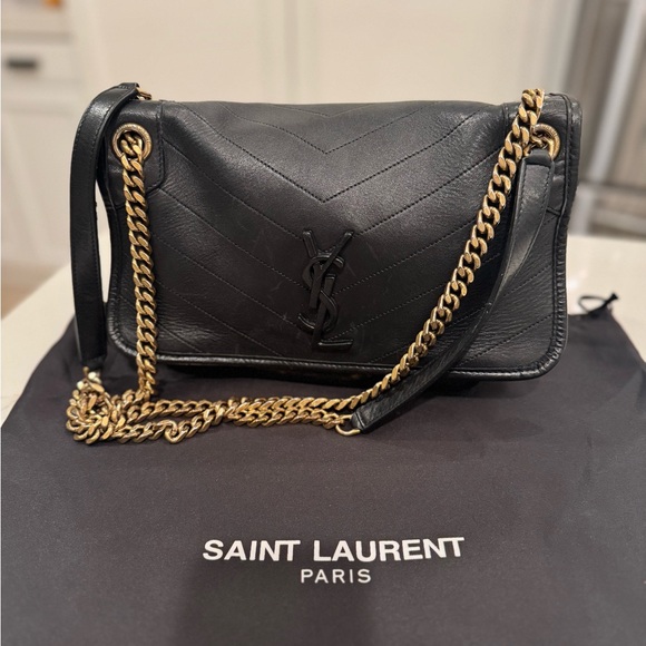 Saint Laurent Handbags - Saint Laurent Medium Nikki Black Leather Shoulder Bag with Yellow Gold Chain